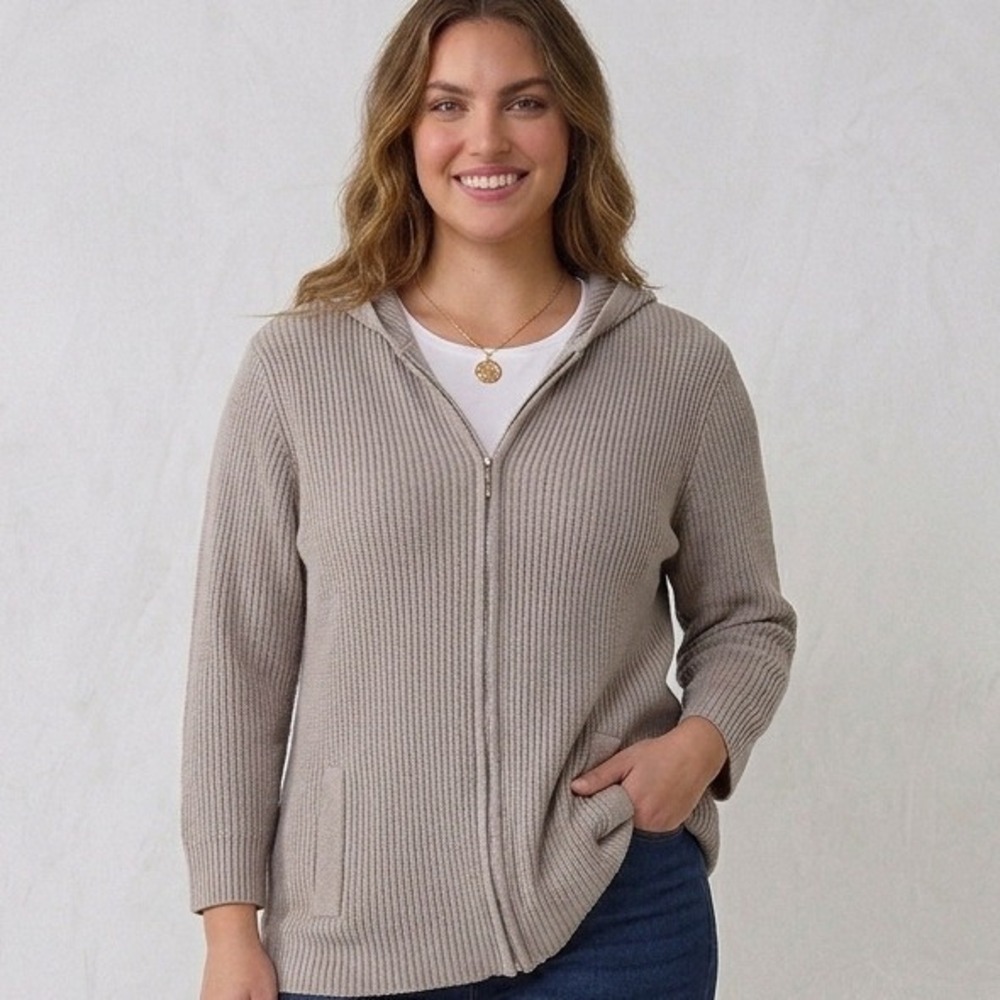 Keren Hart Womens Taupe Beige Ribbed Full Zip Hooded Cardigan Capsule Wardrobe M